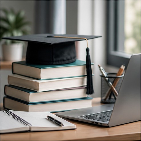 Books, laptop and graduation cap