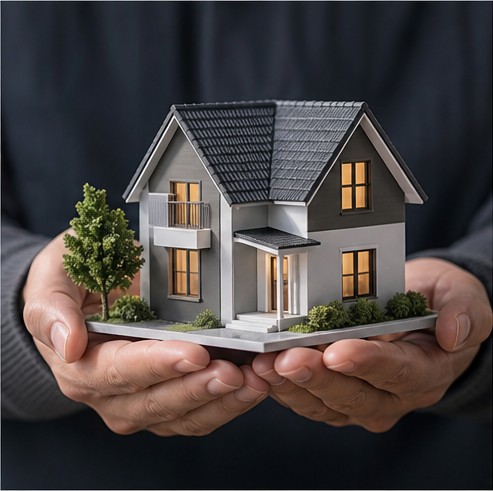 Hands holding a model home