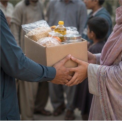 A family receiving a food support parcel